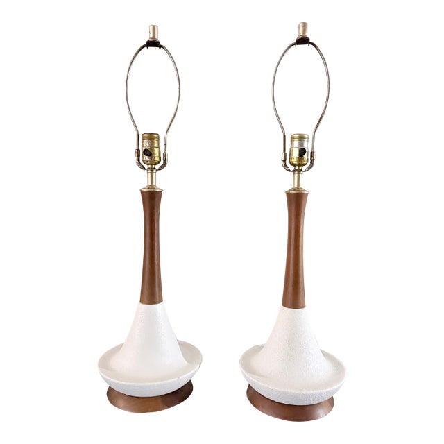 1960s Pair of Vintage MCM Ceramic + Walnut Lamps For Sale