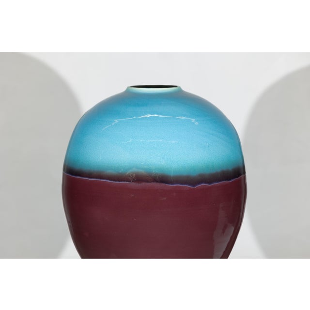 Large Artisan Ceramic Vase with Turquoise Crackle Glaze and Deep Brown Ground For Sale - Image 4 of 18
