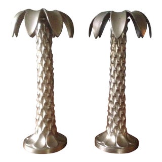 Vintage Brass Palm Tree Candle Holders - A Pair For Sale