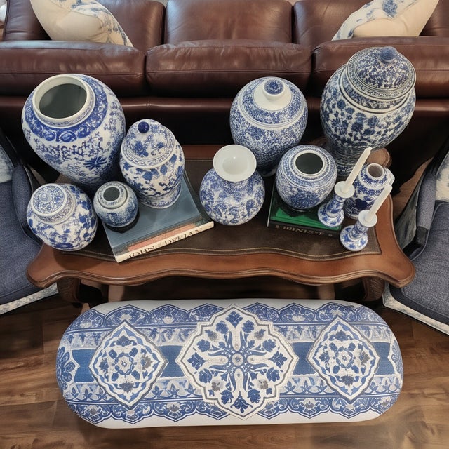 Custom Blue & White Chinoiserie Upholstered Bench With Black Iron Base For Sale In Dallas - Image 6 of 8