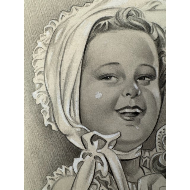 Original graphite pencil drawing by American artist and illustrator Theodore E. Schrock (1879–1952), depicting a smiling...