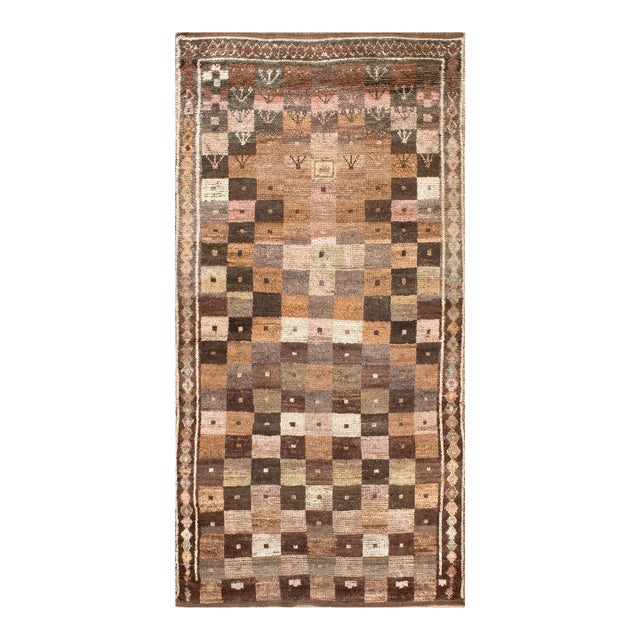 1920s Checks Tribal Antique S. Persian Gabbeh Rug 4'3" X 8'8' Handknotted Wool Carpet For Sale