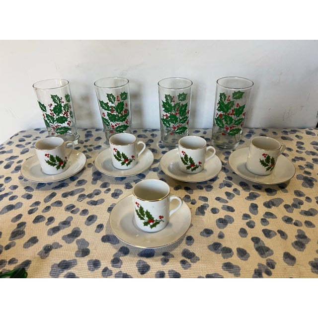 American 1970s Collection of Vintage Mistletoe Glassware, Espresso Cups With Saucers For Sale - Image 3 of 12