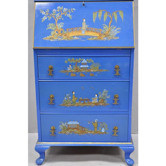Vintage Chinoiserie Blue Hand Painted Gold Gilt Narrow Bookcase Secretary Desk For Sale - Image 4 of 18