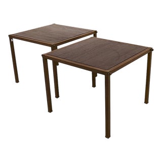1960s Schumacher Inset Wood Top Brass Side Tables - A Pair For Sale