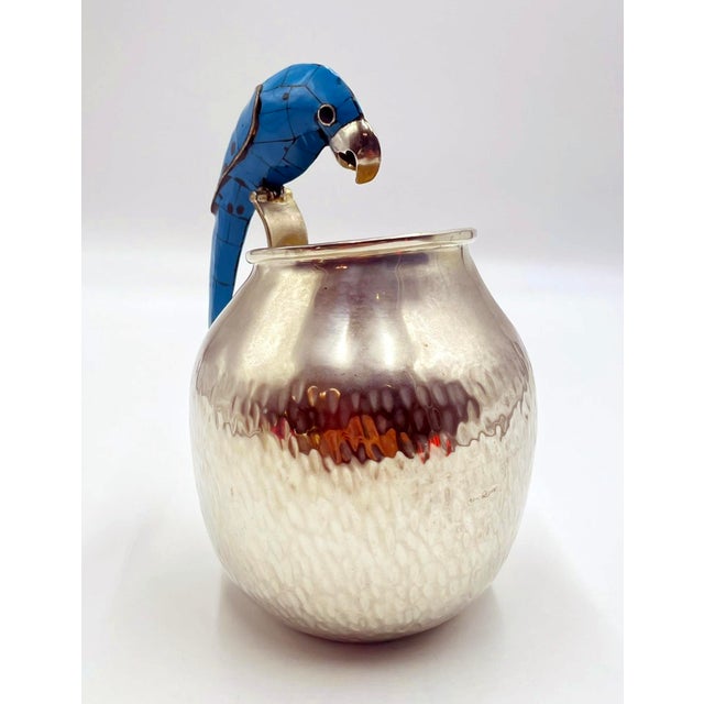 Metal 1960s Los Fajardo Silver-Plated Pitcher With Blue Stone Inlaid Parrot Handle, Mexico For Sale - Image 7 of 17