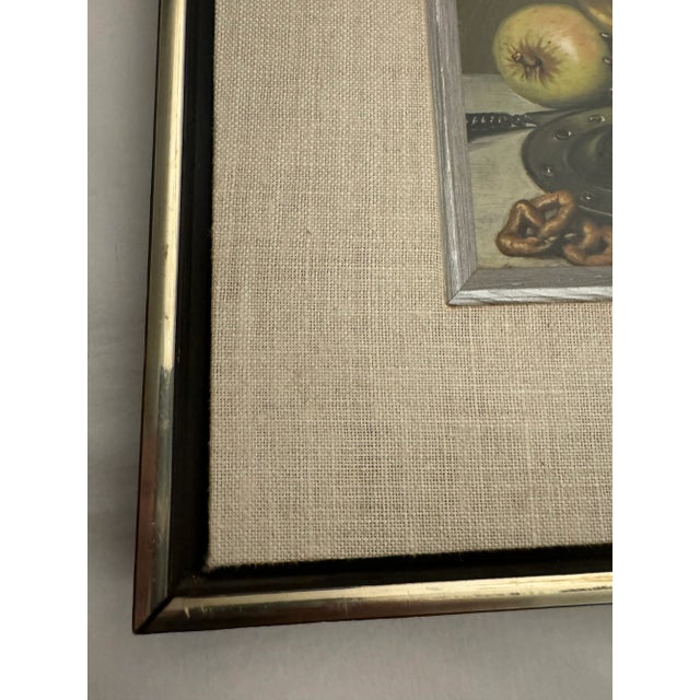 Wood Dorothy Roe Brown Oil Painting on Board – Framed Still Life of Wine Bottle & Apple For Sale - Image 7 of 10