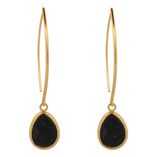 Black Onyx Gemstone & Gold Dangle Earrings, A Pair For Sale