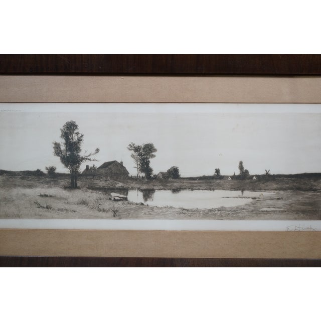 Antique Edward Loyal Field Signed Farmhouse Pond Windmill Landscape Etching 29" For Sale - Image 4 of 14