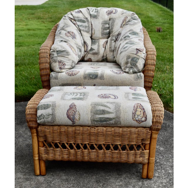 Braxton Culler Rattan Wicker Lounge Accent Chair & Ottoman Set Coastal Boho For Sale - Image 9 of 16
