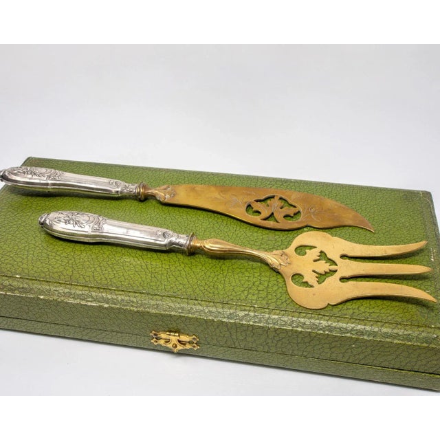French Art Nouveau Sterling and Vermeil 2pc Fish Server Set For Sale - Image 9 of 11