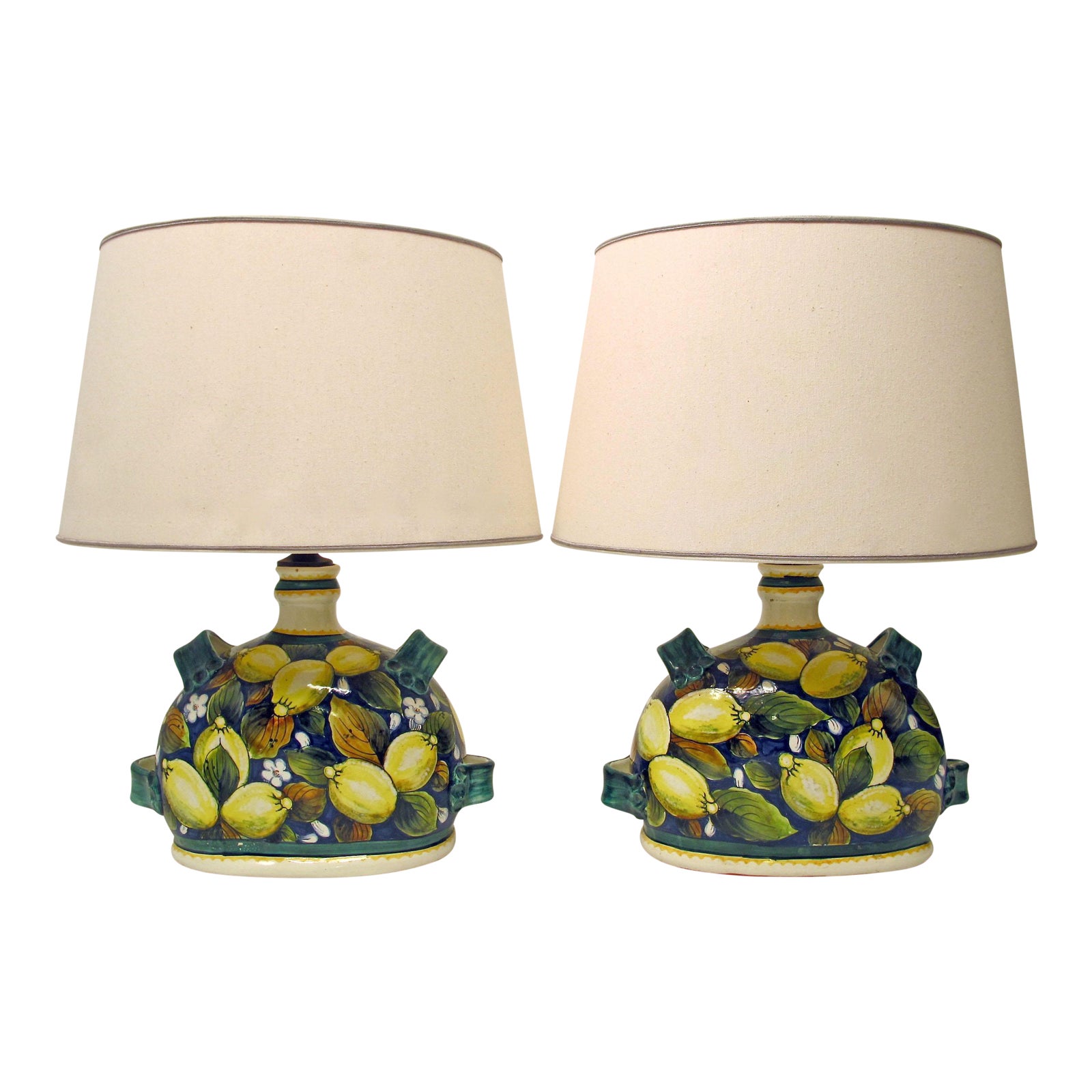 Italian Faience Pottery Lemon Lamps - A Pair | Chairish