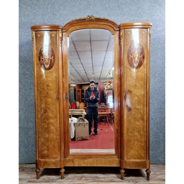 Wood Louis XVI Wooden Wardrobe with Projecting Center, 1880s For Sale - Image 7 of 7