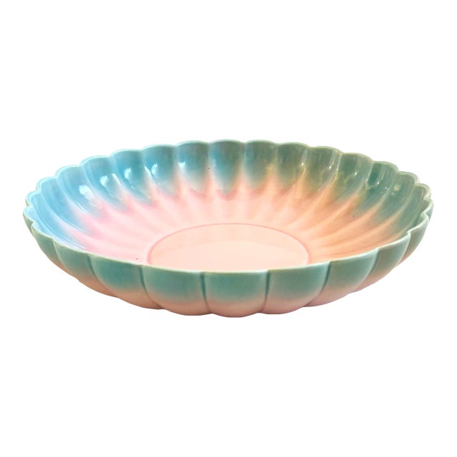 Large Mid Century Ceramic Scalloped Serving Bowl For Sale