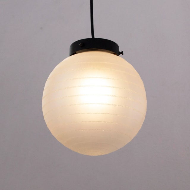 1980s Suspension Light with White Murano Glass Sphere with White Striped Decoration, Italy, 1980s For Sale - Image 5 of 10