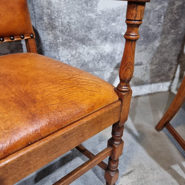Set of Vintage Dining Armchairs in Oak and Leather, 1930s For Sale - Image 16 of 17