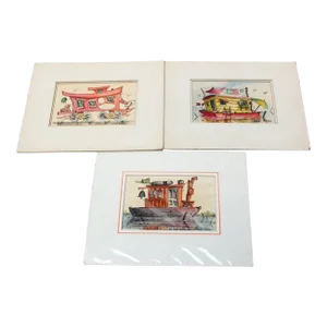 Set of Three Stanley C. Brodey "Houseboat" Watercolors