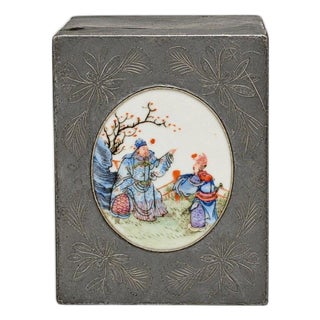 Chinese Antique Pewter Box W Finely Painted Porcelain 1920s Republic Era For Sale