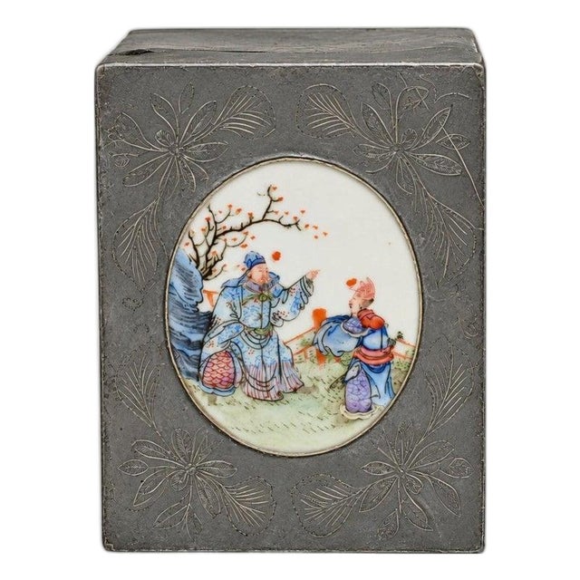 Chinese Antique Pewter Box W Finely Painted Porcelain 1920s Republic Era For Sale