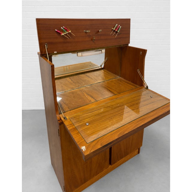 Brown Mid Century Modern Teak Bar Cabinet | Mirrored Home Bar With Drop-Down Serving Surface, C. 1960’s For Sale - Image 8 of 14