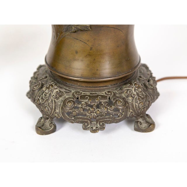 Metal Late 19th Century Meiji Japanese Cast Bronze Relief Chrysanthemum & Birds Lamps - a Pair For Sale - Image 7 of 13