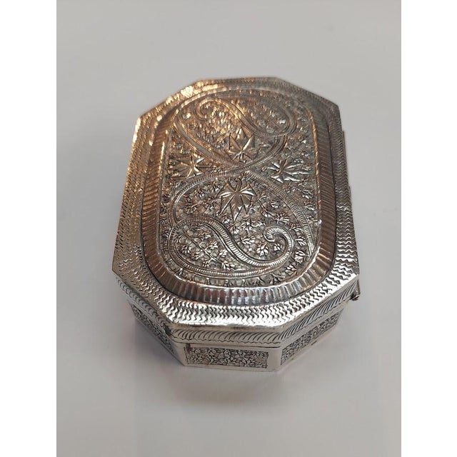 Silver-Tone Hinged Trinket Box With Scroll and Starburst Decoration For Sale - Image 4 of 6