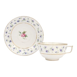 Antique Signed 18th Century Sevres Porcelain Floral Cornflower Cup & Saucer For Sale