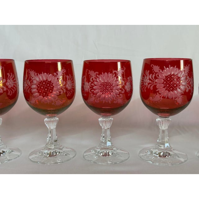 Late 19th Century Bohemian Floral Etched Cranberry Iridescent Glass Goblets, Set of 6 For Sale - Image 4 of 12
