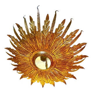 Large Spanish Sunburst Flush Mount in Gilt Metal with Support, 1950 For Sale