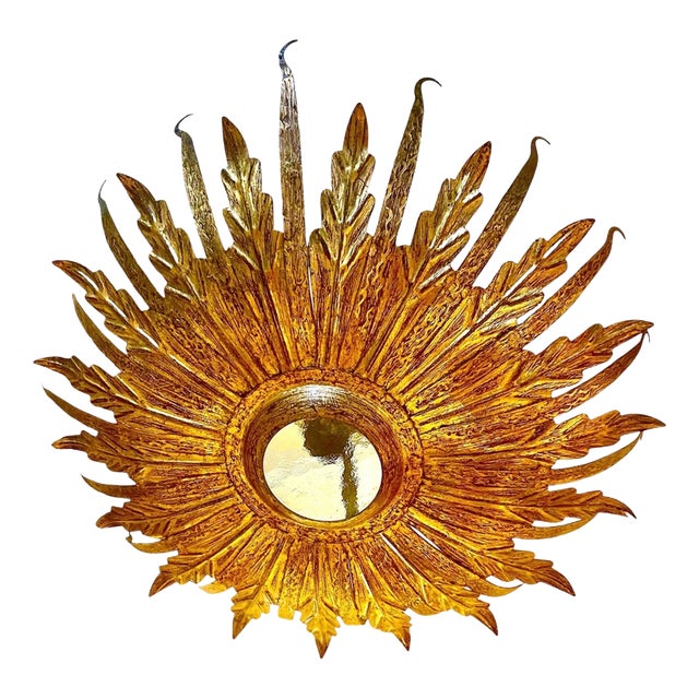 Large Spanish Sunburst Flush Mount in Gilt Metal with Support, 1950 For Sale
