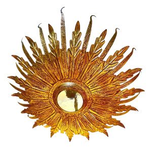 Large Spanish Sunburst Flush Mount in Gilt Metal with Support, 1950