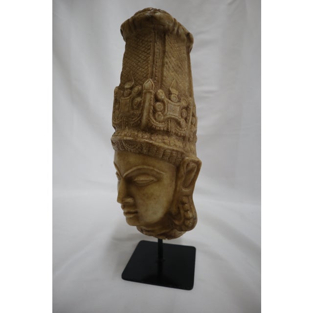 Indian Hand Carved Stone Head of Indian Deity Statue on Stand For Sale - Image 3 of 12