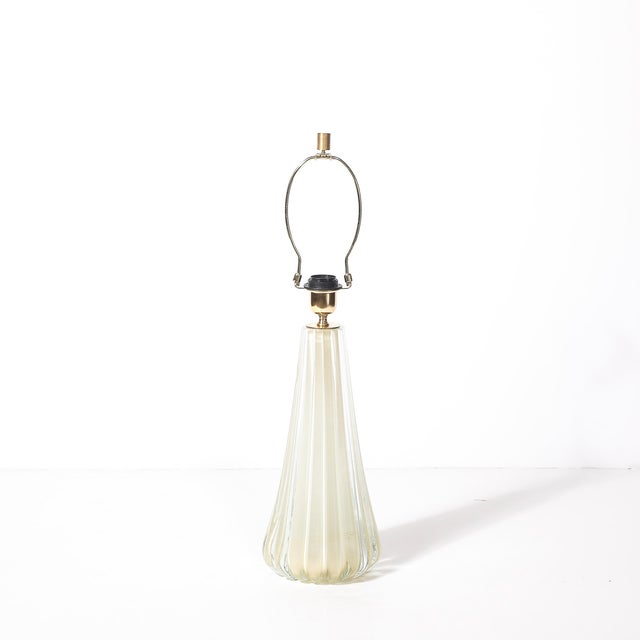 Metal Modernist Hand-Blown Fluted Oyster Murano Glass & Brass Table Lamps For Sale - Image 7 of 16