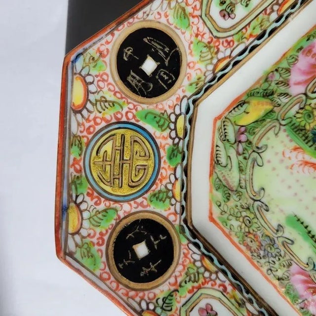 1930s Vintage Chinese Square Rose Medallion Porcelain Plate With Dog and Money For Sale - Image 5 of 7