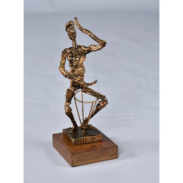 Mid-Century Gold and Black Brutalist Drummer Figurine Sculpture on Wood Pedestal For Sale - Image 6 of 9