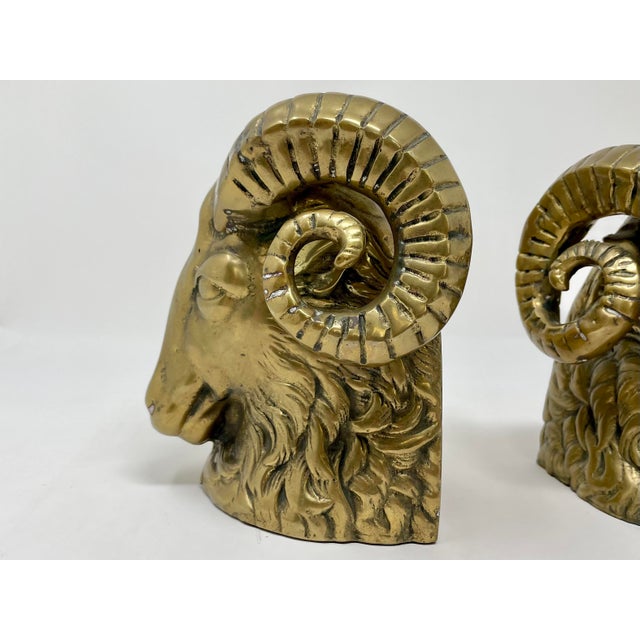 Vintage Hollywood Regency Brass Rams Head Bookends - Set of 2 For Sale - Image 9 of 12