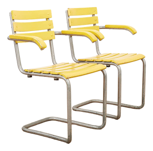 Model 1024 Garden Chairs with Galvanized Steel Tube Frames and Yellow Wooden Slats, 1934, Set of 2