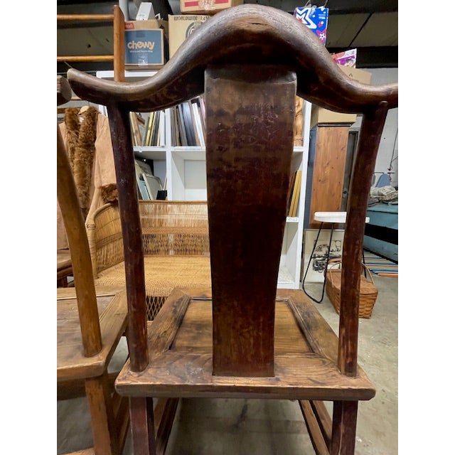 Vintage Pair Asian Elmwood Oriental Wood Yoke Back Dining / Side Chairs For Sale - Image 18 of 18