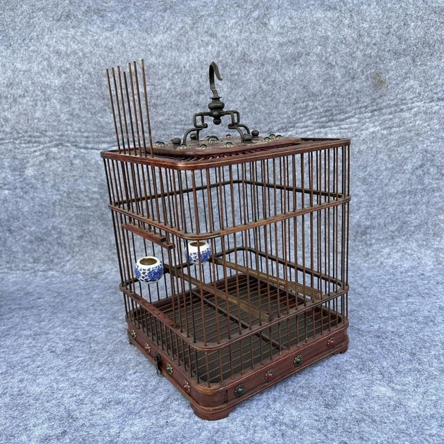 1980s Rosewood Birdcage With Blue & White Porcelain Feeders – Decorative Asian Accent For Sale - Image 5 of 9