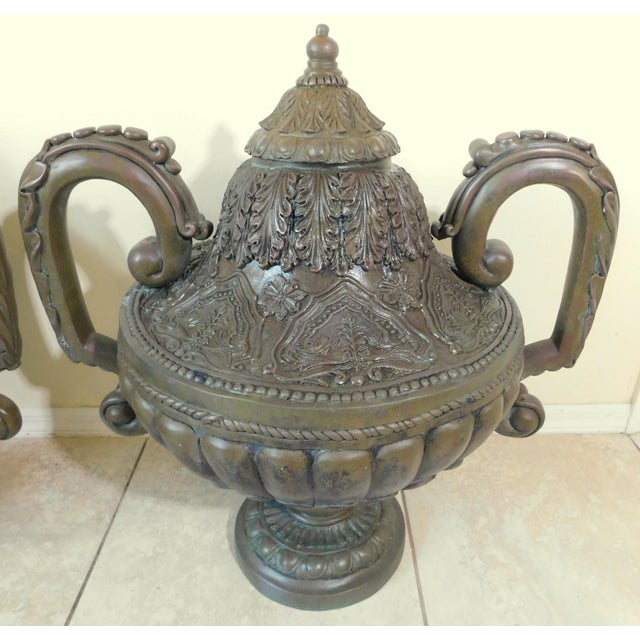 Pair Antique Bronze Urn Garden Statues For Sale - Image 4 of 12