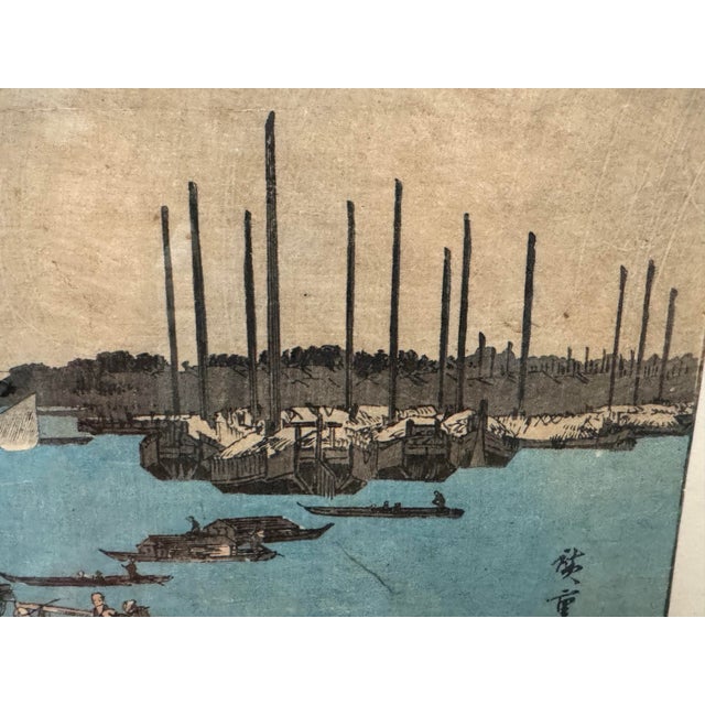 Mid 19th Century Antique Edo-Period Japanese Woodblock Print by Utagawa Hiroshige — Eitai Bridge With Fishing Boats, C. 1830s–1850s For Sale - Image 5 of 9