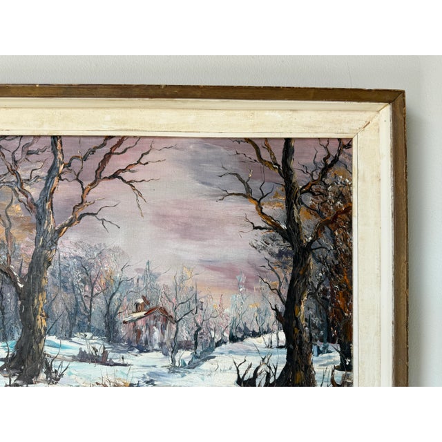 Wood Vintage Winter Cabin in the Woods Landscape Oil Painting, Signed For Sale - Image 7 of 12