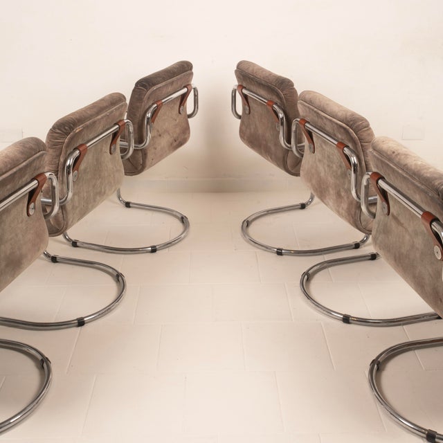 Italian Astro Chrome and Taupe Suede Armchairs by Guido Faleschini for I4 Mariani, 1979, Set of 6 For Sale - Image 9 of 18