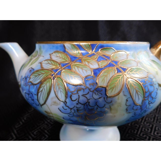 Contemporary 1970s Shofu Japan Footed Blue Teapot With Grapes and Raised Gold Trim For Sale - Image 3 of 7