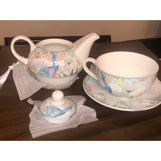 Delton Porcelain Peacock & Botanical Tea for One Set in Decorative Gift Box For Sale - Image 13 of 13
