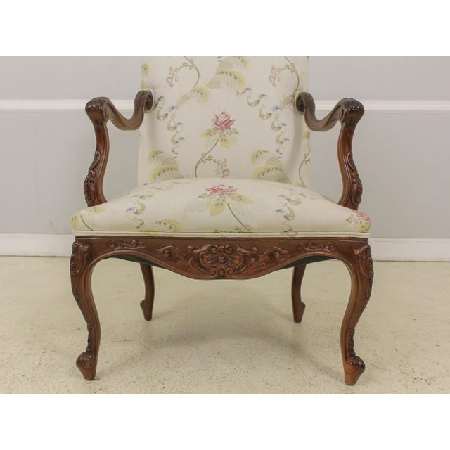 1990s Pair Silk Blend Upholstered High Back Open Arm French Chairs For Sale - Image 5 of 13