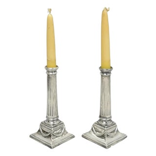 Vintage English Regency Silver Plated Classical Column Small Candlesticks - Pair For Sale