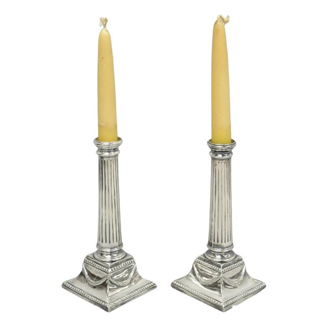 Vintage English Regency Silver Plated Classical Column Small Candlesticks - Pair For Sale