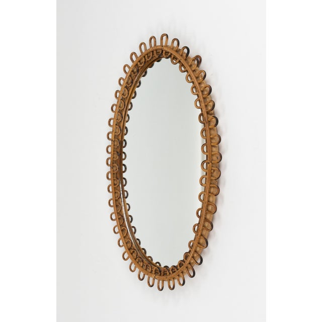 Glass Midcentury Rattan and Bamboo Oval Wall Mirror Franco Albini Style, Italy 1960s by Franco Albini For Sale - Image 7 of 14