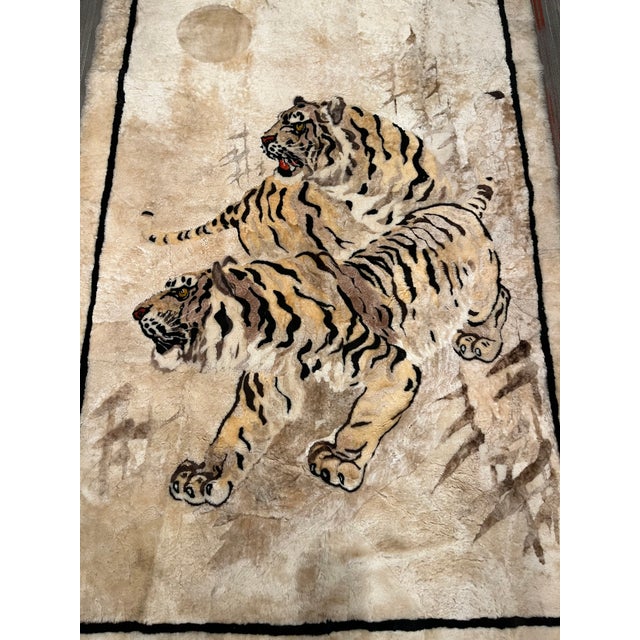 Lambskin & Wool Patchwork Tiger Pair Textile Made in Hong Kong Striking vintage lambskin and wool patchwork textile...